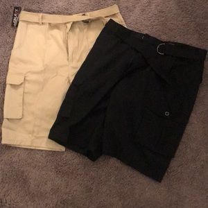 Khaki and black cargo shorts